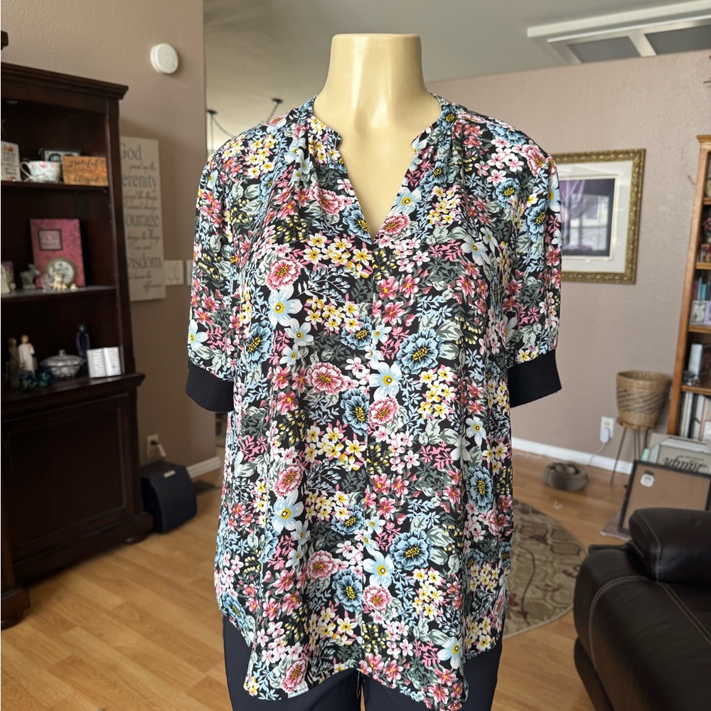 Catharine Malandrino multicolored floral short sleeves Vneck blouse-size L